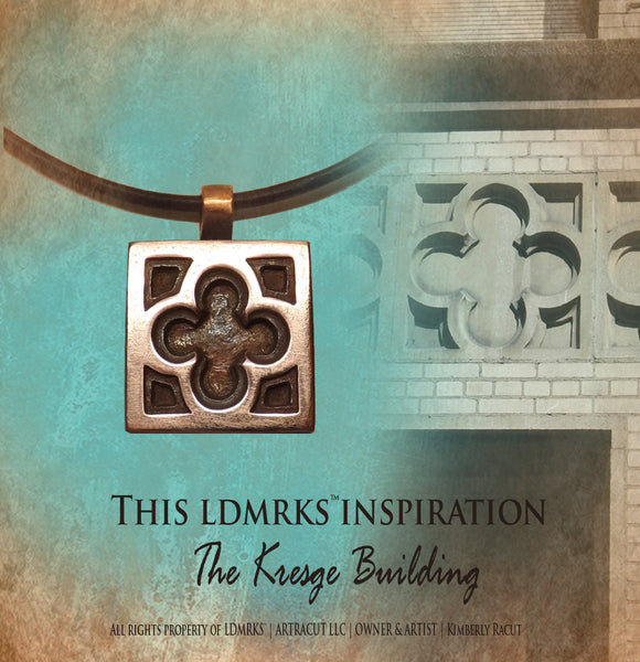 Kresge Building Copper Pendant KBNII with Genuine Natural Grey Leather Cord Necklace