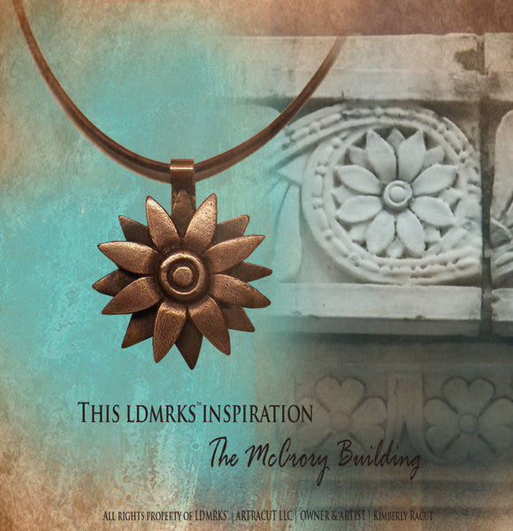 McCrory Building Copper Pendant MBN-II with Genuine Natural Grey Leather Cord Necklace