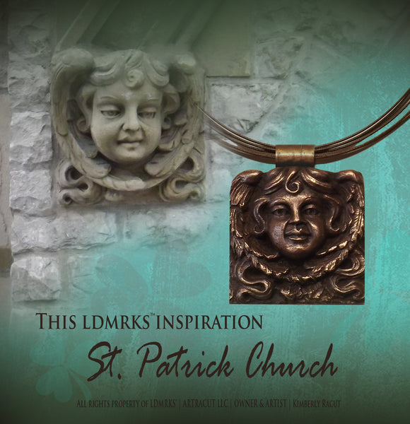St Patrick Church Copper Pendant Necklace SPCCP-I with background photo